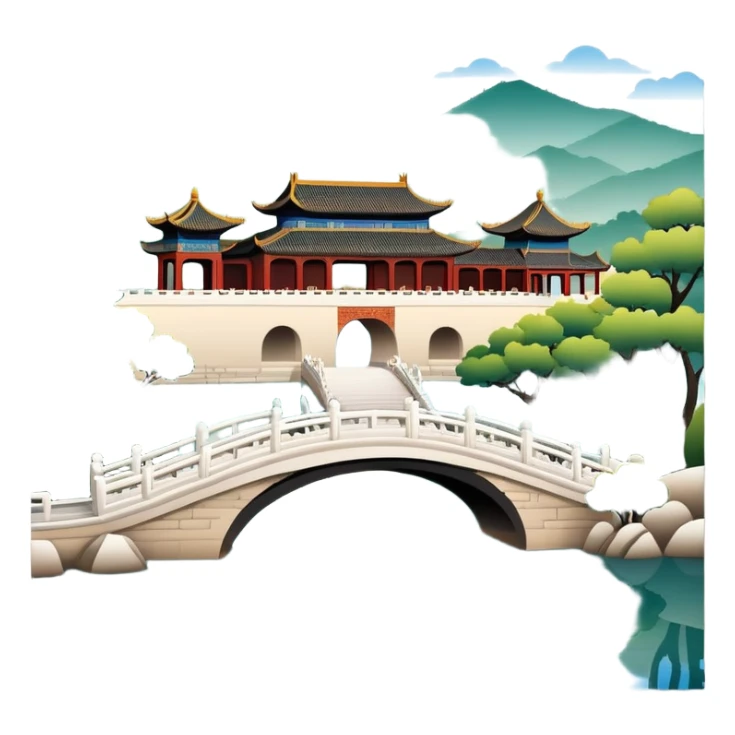 Summer Palace in Beijing with lake and bridge, Chinese garden architecture, emoji style sticker