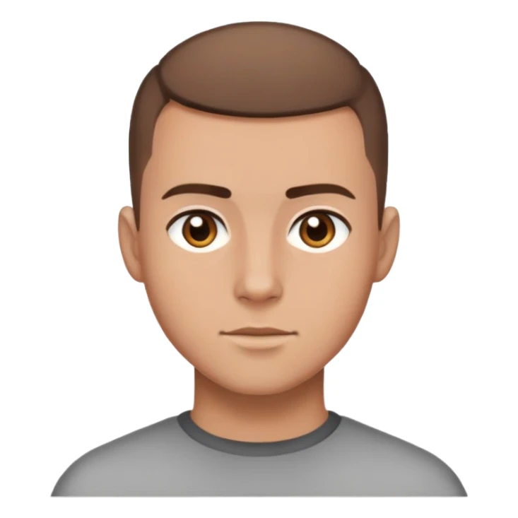 A guy with brown hair, brown eyes and a buzz cut sticker