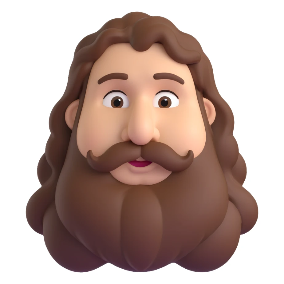 chubby man with brown wavy long hair and a big nose sticker