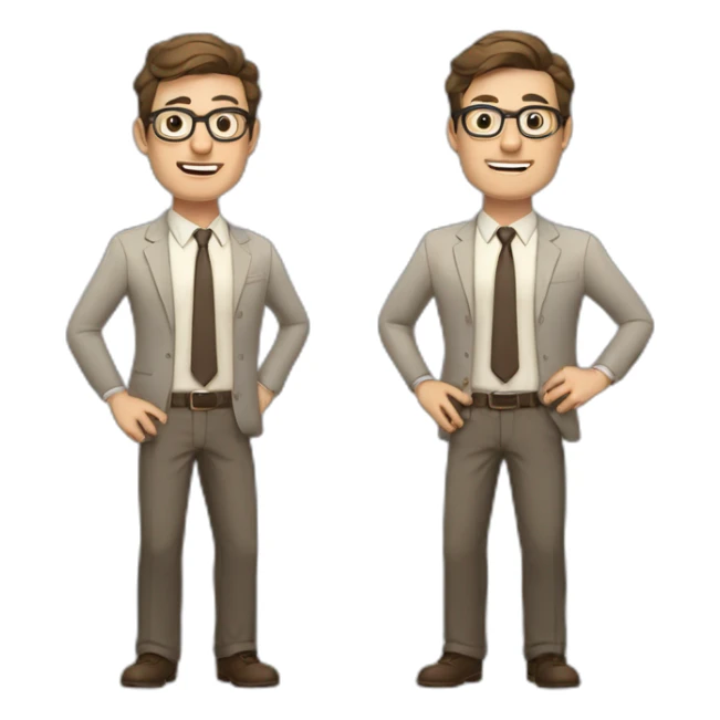 To belt Actively gesturing with hands Pale skinned fit man with dark brown hair in gray jacket, beige office shirt, brown tie, brown pants and vintage glasses. sticker