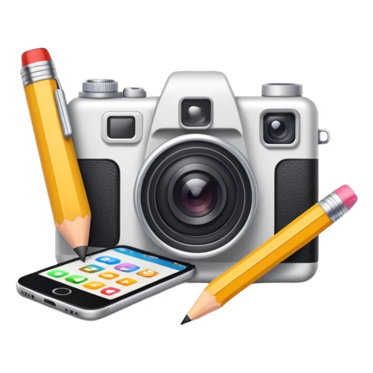 content creation tool for social media with camera, pencil, and smartphone, bright and friendly emoji style icon sticker