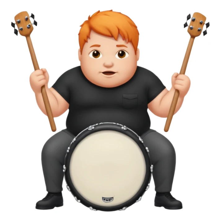 A chubby orange hair fan pounding a bass drum, cheeks puffing with energy. sticker
