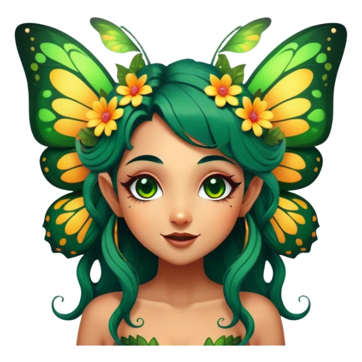 Cinematic Realistic Forest Fairy Portrait, head tilted dramatically with an exaggeratedly amused expression, featuring a striking, nature-infused form with glowing, sun-kissed tanned skin and vividly detailed dark green hair adorned with floral accents. Her expressive eyes brim with playful forest mischief, rendered with vibrant, lifelike textures and dynamic dappled lighting that conveys a spirited, over‐the‐top woodland whimsy showing her large butterfly wings from her back. sticker