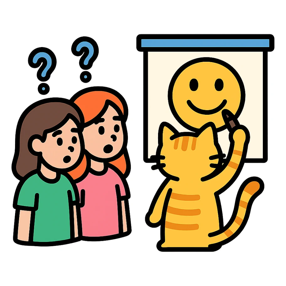 two girls guessing as a kitty draws an emoji, vibrant color icon sticker