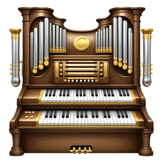 Create an elegant and majestic emoji representing a classical organ. The design should feature the grand pipes of the organ in the background, with visible details of the keys and pedalboard in the foreground. The pipes should be tall and impressive, with a mixture of gold, silver, and metallic shades to emphasize the grandeur of the instrument. The keyboard and pedals should be well-defined, capturing the intricate craftsmanship of the organ. Use dark wood tones and gold accents for the body of the instrument to give it a rich, historic feel. Add subtle musical notes around the organ to evoke its deep, resonant sound. The background should be transparent. sticker