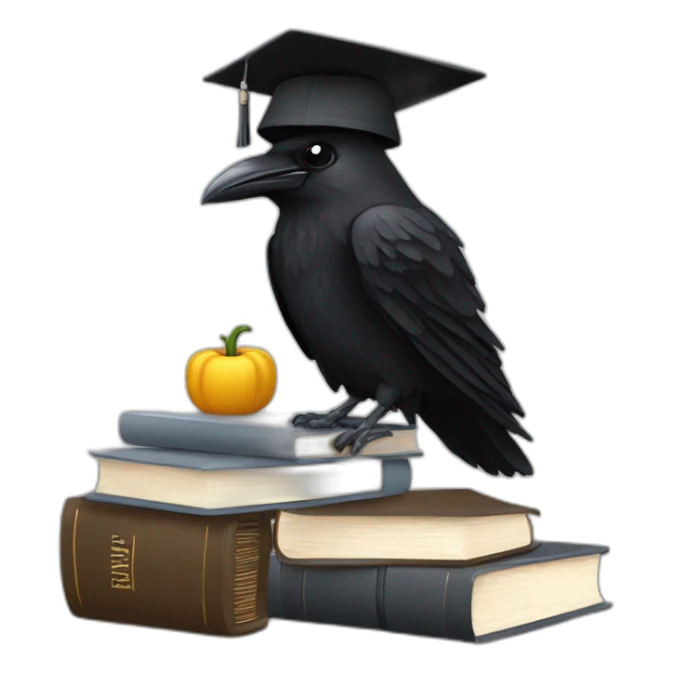 raven in student cap with a stack of gray and brown books sticker