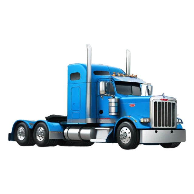 Peterbilt 389 volvo blue with flat top and slash cut exhaust stacks and dual rear tires and flat bumper sticker