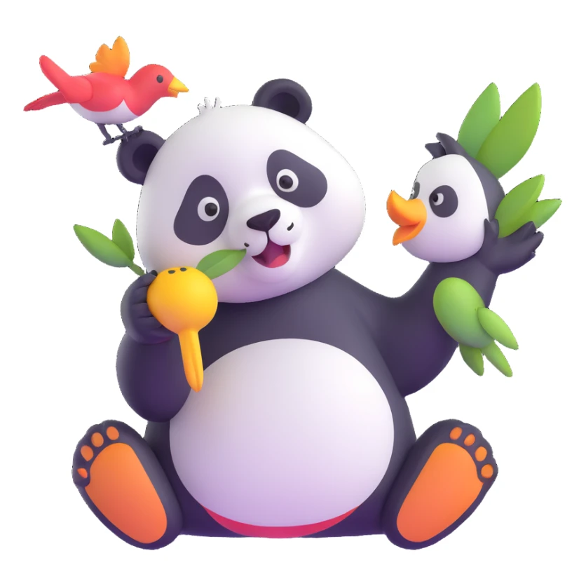 a panda gently nibbling on a bird, playful style sticker