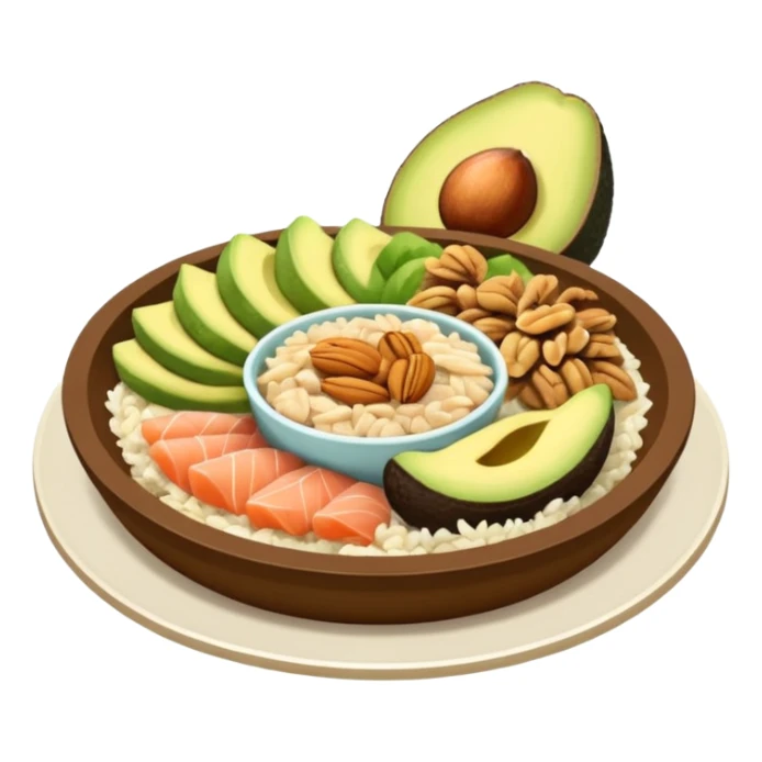 plato con comida variada granos aguacate rebanado salmon nueces arroz

 sticker
