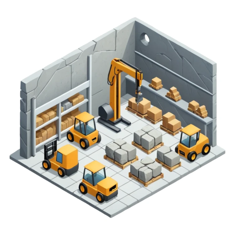modern stonemason workshop isometric view with warehouse contianing cnc machiens and large stoneslabs, forklifts, no vehicles no robots sticker