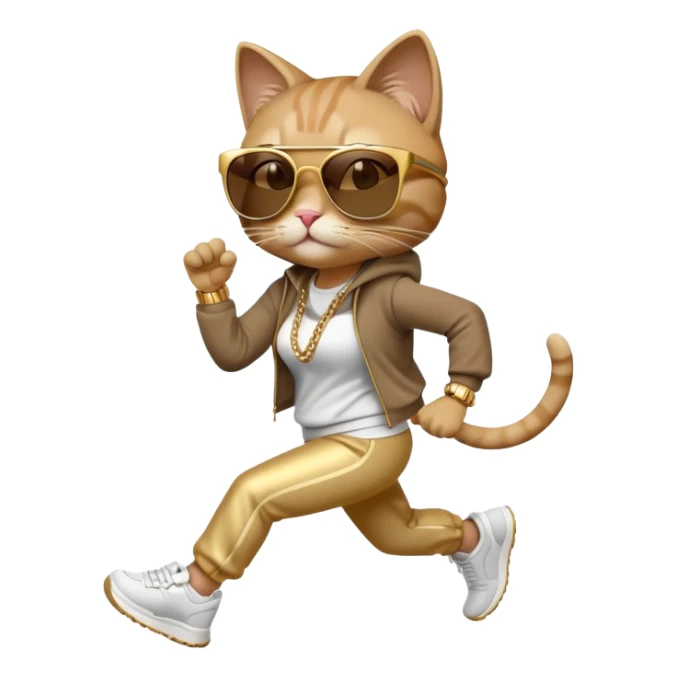 friendly anthropomorphised female cat in hip-hop Run DMC clothing, dark sunglasses, gold chains, jogging upright sticker
