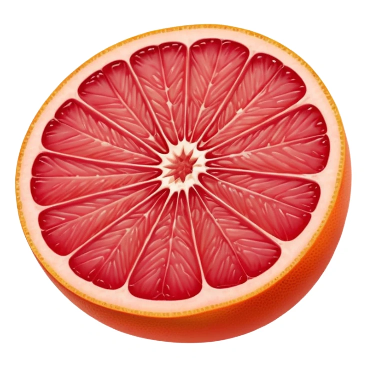 whole pink grapefruit with glossy orange-pink peel, thick wedge slice, juicy red-pink segments, moist translucent interior, clean defined segments, no leaves, no juice, no background, soft lighting, emoji scale sticker