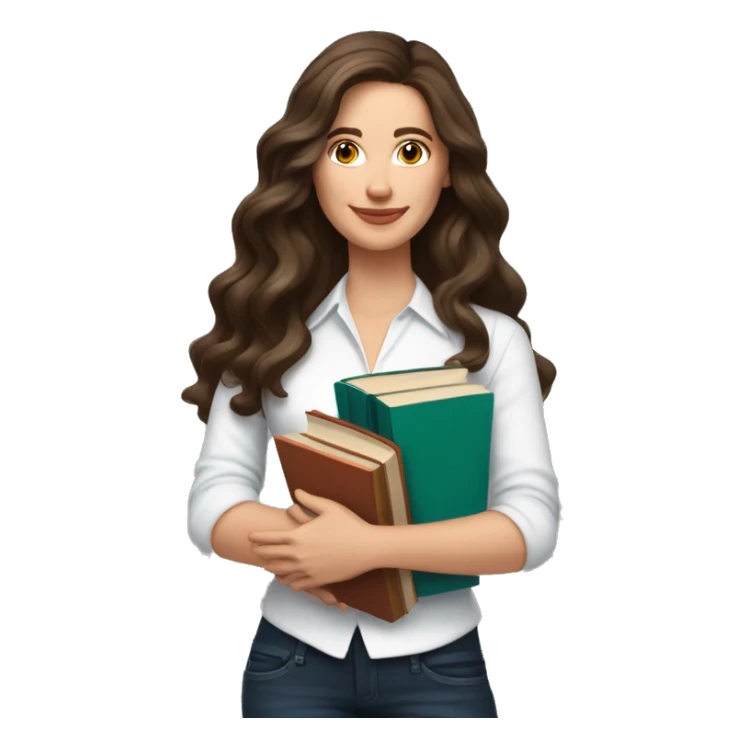 white woman brunette long wavy hair highlights woman while holding large stack of books sticker