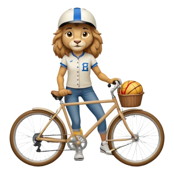 confident anthropomorphised female lion wearing a baseball shirt, jeans, trainers, and a cycling helmet, riding a bicycle sticker