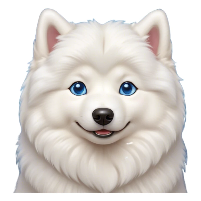 Cinematic Cute Samoyed Portrait Emoji, Head tilted playfully and inquisitively, featuring a fluffy, pristine white Fur with a natural sheen, round, sparkling blue eyes filled with curiosity, Simplified yet irresistibly adorable features, highly detailed, glowing with a warm, friendly glow, high shine, affectionate and lively, stylized with a touch of whimsy, bright and endearing, soft glowing outline, capturing the essence of a mischievous yet loving companion, so playful it feels like it could frolic out of the screen and into your arms! sticker