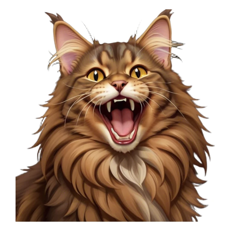 Cinematic Cute Brown Maine Coon Cat Portrait Emoji, Head tilted playfully while yawning exaggeratedly, sleek brown and black fur with a majestic mane, Simplified yet hilariously adorable features, highly detailed, glowing with a warm, confident glow, high shine, mischievous yet lazy, stylized with a touch of playful whimsy, bright and endearing with a comical, yawning expression, soft glowing outline, capturing the essence of a quirky yet loving and lazy kitty, so meme-worthy it feels like it could stretch out of the screen and demand attention in the most dramatic way! sticker