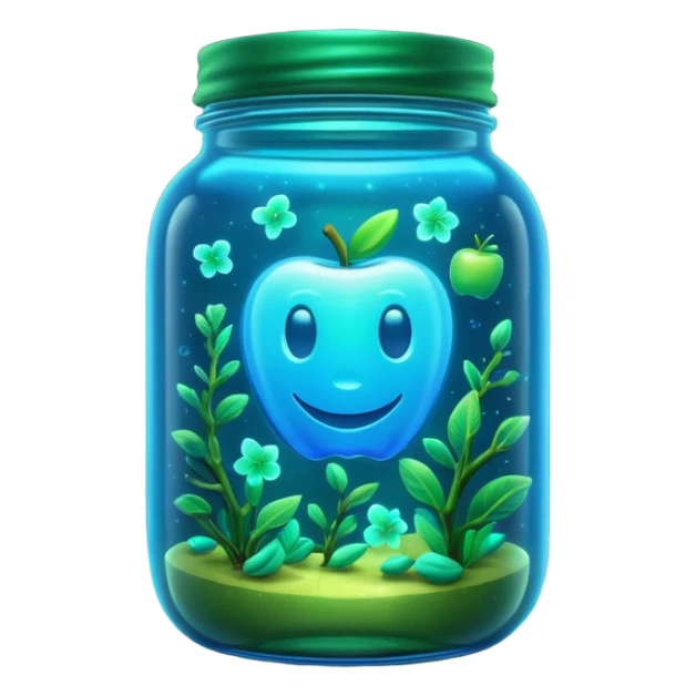 3D render of Firefly Jar, bioluminescent deep sea style, glowing neon blue and green lights, dark background to contrast the glow, translucent organic textures, Apple emoji style. sticker