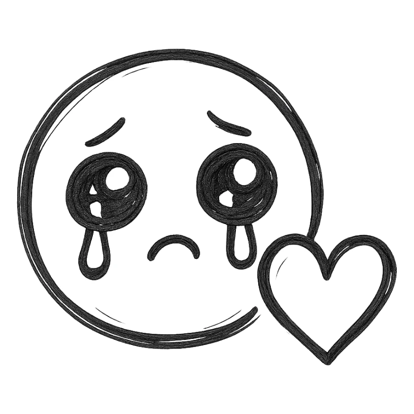 adorable face with teary eyes and a heart, hand-drawn outlined icon style, sketchy and expressive sticker