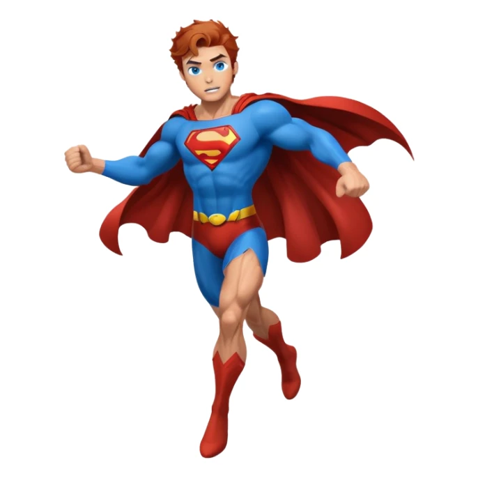 flying superman，full body, blue eyes, redish brownish messy hair sticker