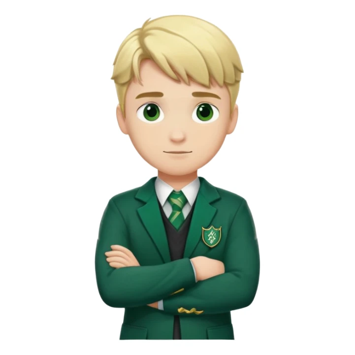 Blonde male student wearing Slytherin uniform with arms crossed sticker