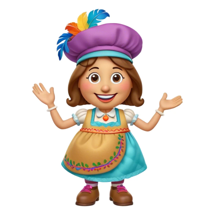 Create a 3D Pixar-style Mrs. Potato Head character with a rounded, slightly uneven shape, expressive eyes, a wide smile, and cartoonish limbs, dressed in a colorful apron with intricate embroidery, a vibrant hat adorned with a feather sticker