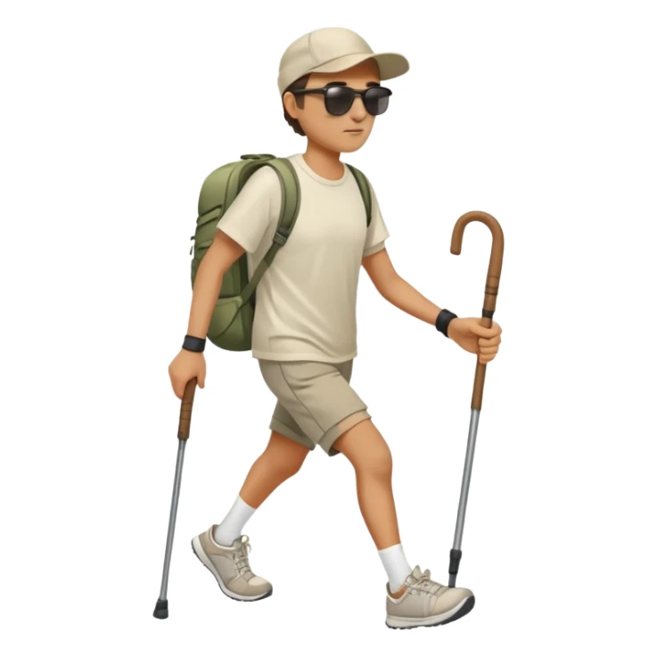 Persona haciendo senderismo, con mochila, short, tenis, playera, lentes de sol, sombrero de tennis con un bastón en la mano caminando sticker