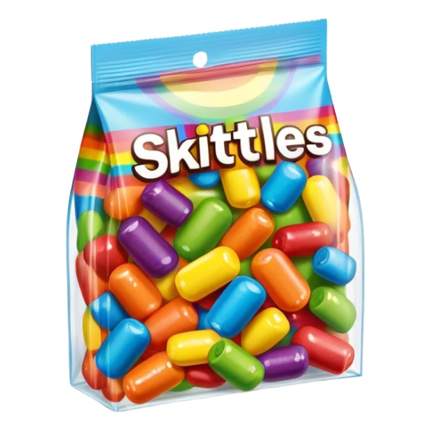 A Skittles candy package with multiple pieces of transparent tape holding it closed, rainbow colored packaging, minimalist style sticker