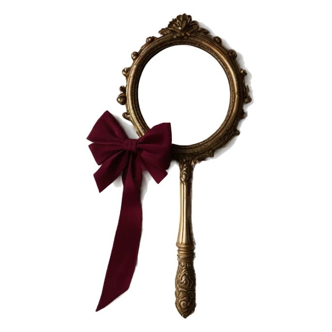 Vintage mivintage mirror with handle and burgundy bow sticker