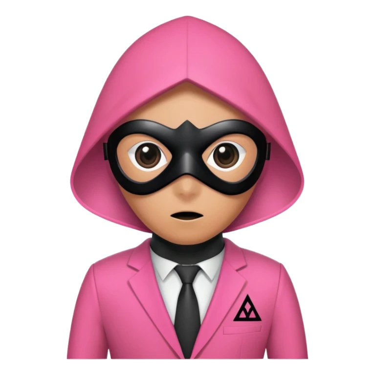 Squid Game guard with pink suit and black mask with triangle symbol sticker