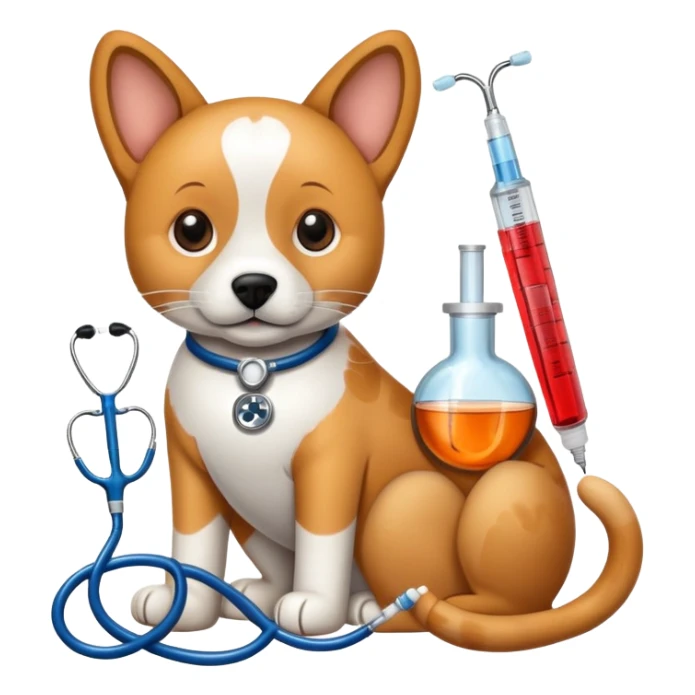 An icon featuring a stethoscope, a paw print, and a syringe, symbolizing veterinary medicine. The design includes a dog and a cat, alongside medical tools, representing animal care, diagnosis, and treatment. Transparent background highlights the science of animal health and well-being. sticker