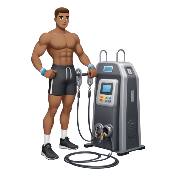 athlete standing next to cable-machine with cable tied to ankle cuffs (for leg exercise) sticker