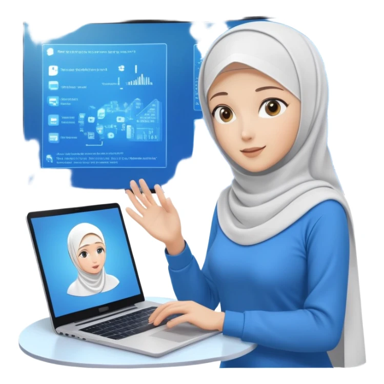 computer engineer with white hijab wearing blue outfit, no glasses, presenting her metaverse creation with a large digital screen behind her displaying virtual worlds and code, laptop open in front of her showing programming interface sticker
