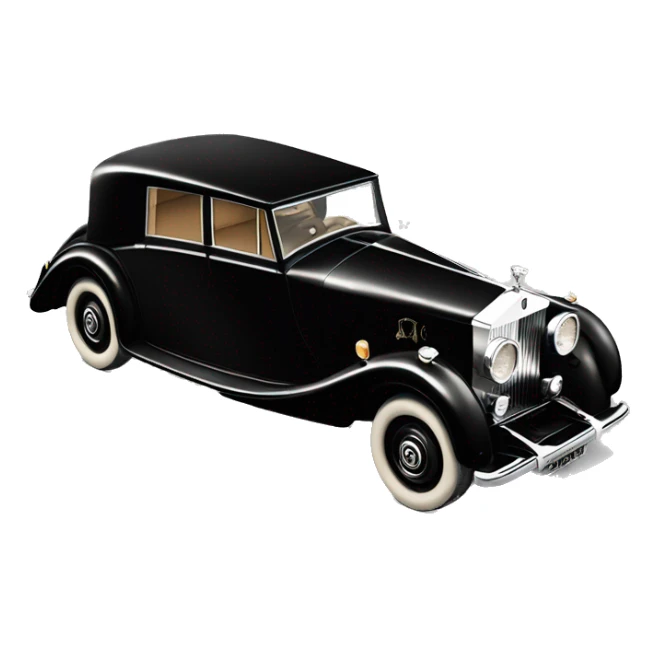 Vintage 1930s Rolls-Royce with sleek black body, round headlights, silver grille, Spirit of Ecstasy hood ornament, and chrome wheel caps sticker