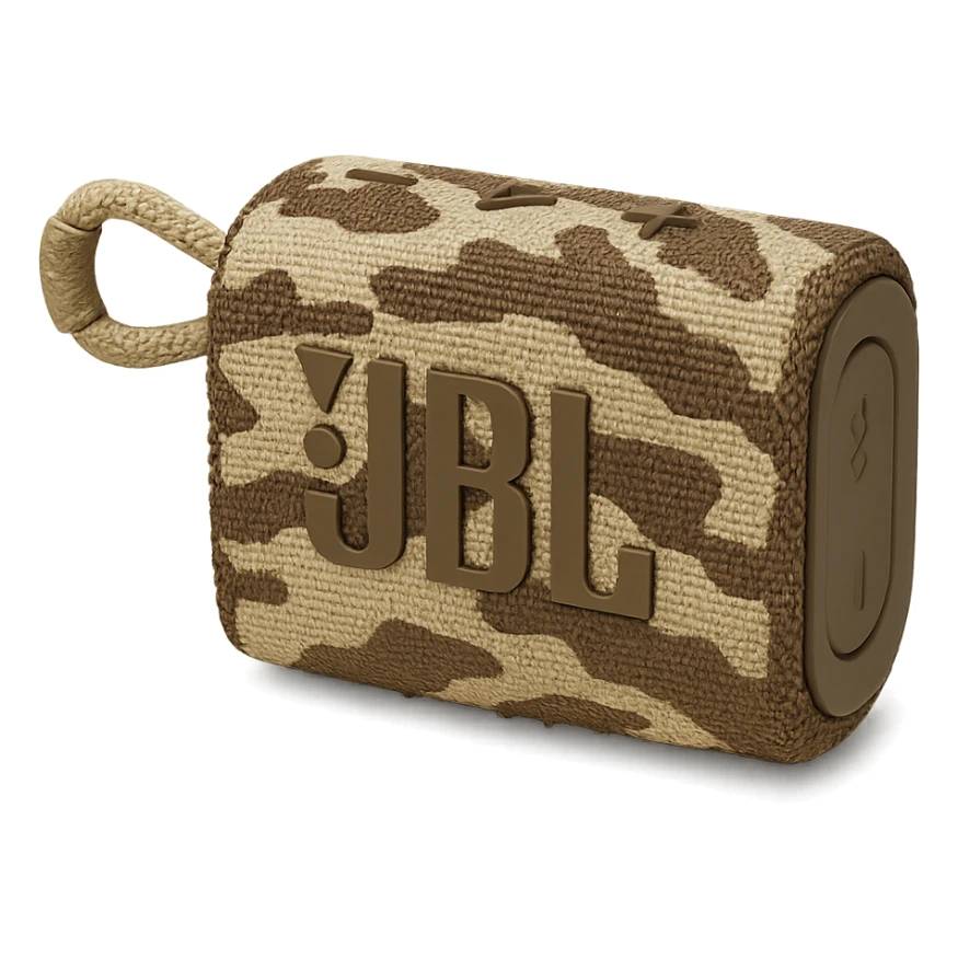 military-themed portable JBL speaker with desert sand and brown colors sticker