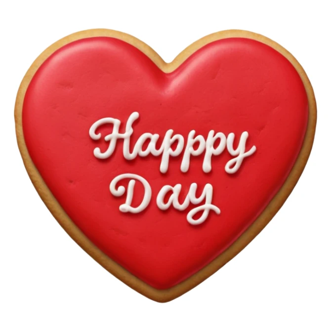 Heart-shaped cookie with red icing emoji, write 'Happy Valentine's day' on top of the red icing in white icing sticker