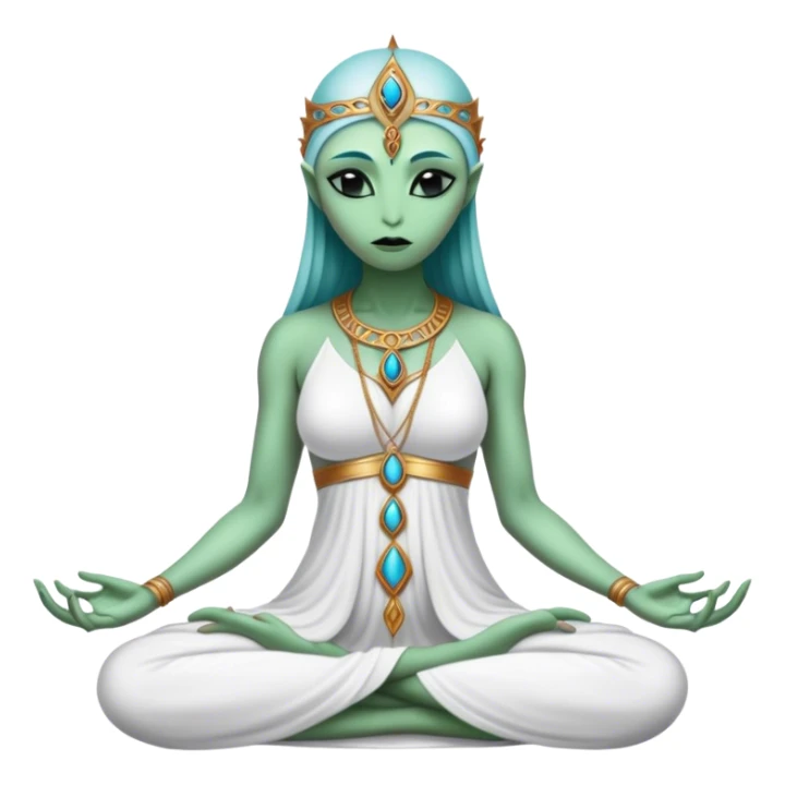 a Reptilian alien woman,in meditation, white dress like a priestess sticker