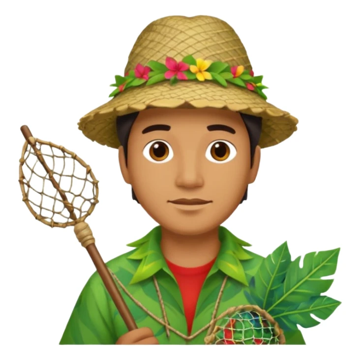 Hawaiian man with leaf hat and fishing net and colorful cloth sticker