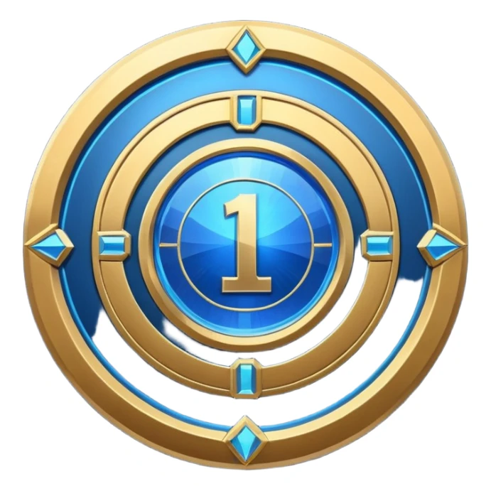 Futuristic achievement medal badge, circular shield emblem with engraved Roman numeral I and subtle “12M” detail, metallic gold and deep blue glow, sci-fi web3 game UI style, polished 3D game asset, soft energy aura, dark background, centered composition, high detail sticker