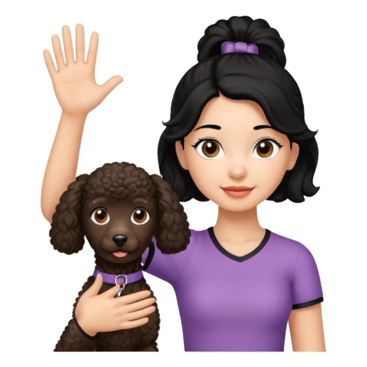 Ponytail black hair girl with brown Poodle say goodbye  sticker
