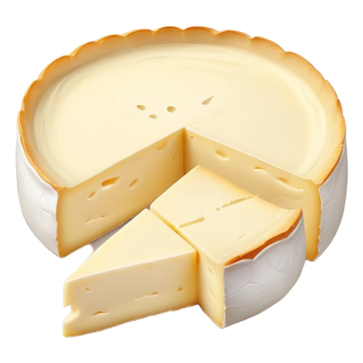 cinematic-realistic-brie-cheese-emoji,-featuring-soft-ripened-cheese-with-a-delicate white rind-rendered-with-lifelike-detail-and-inviting,-natural-lighting sticker