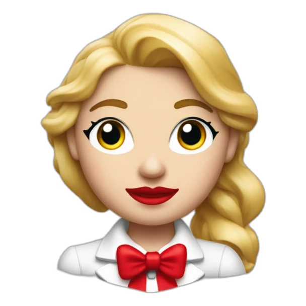 una cabeza de una chica rubia con el pelo largo apoyada sobre sus brazos con blusa de manga larga de color rojo al estilo de mr. monopoly sticker