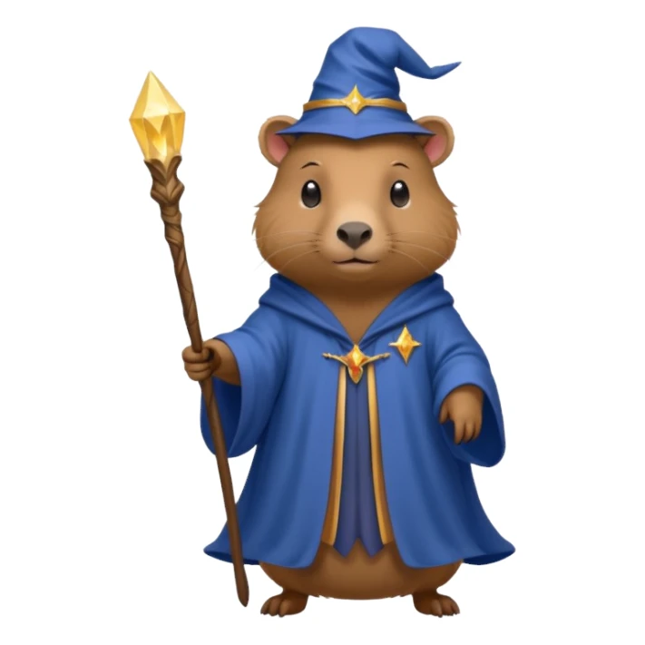 A mythical Queen Capybara wearing a wizard robe and a wand sticker