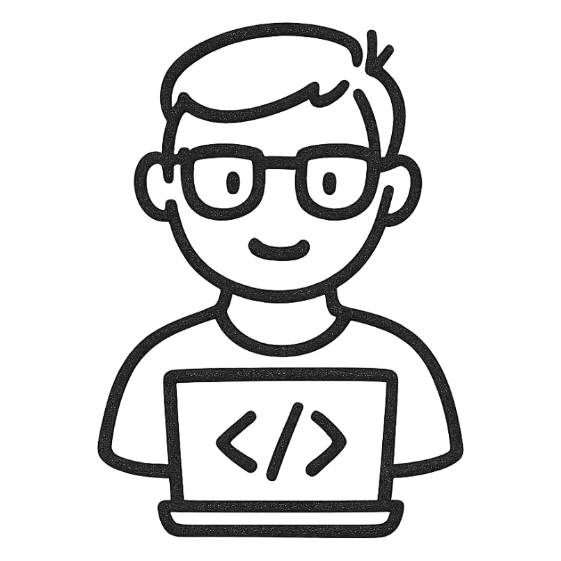 coder wearing glasses, hand drawn black outline style, minimal details sticker