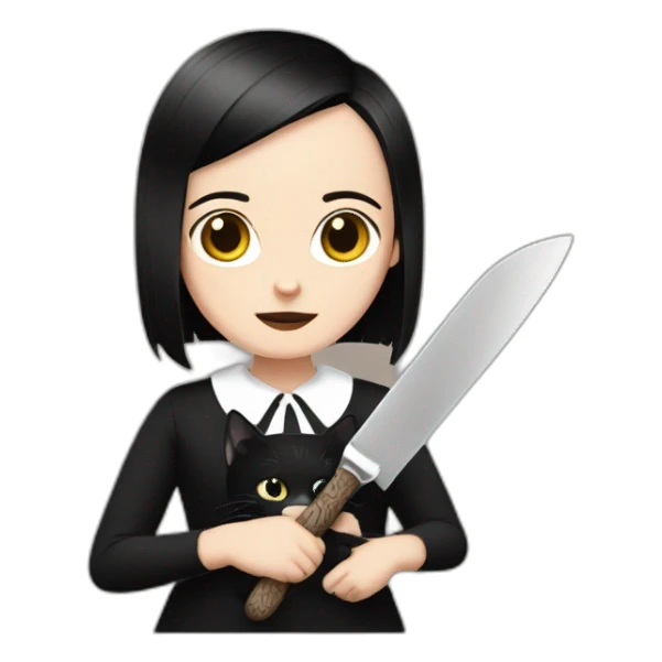 wednesday adams with a cat in right hand and a knife in left hand sticker