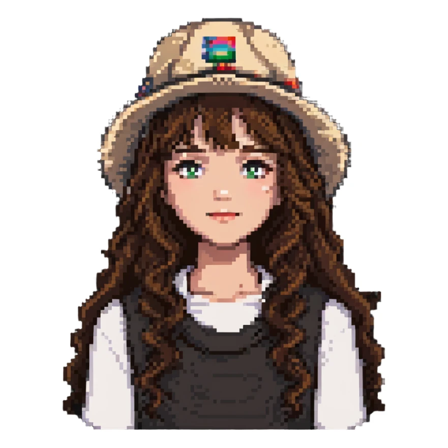 girl with long wavy brown hair wearing a hat pixel art sticker
