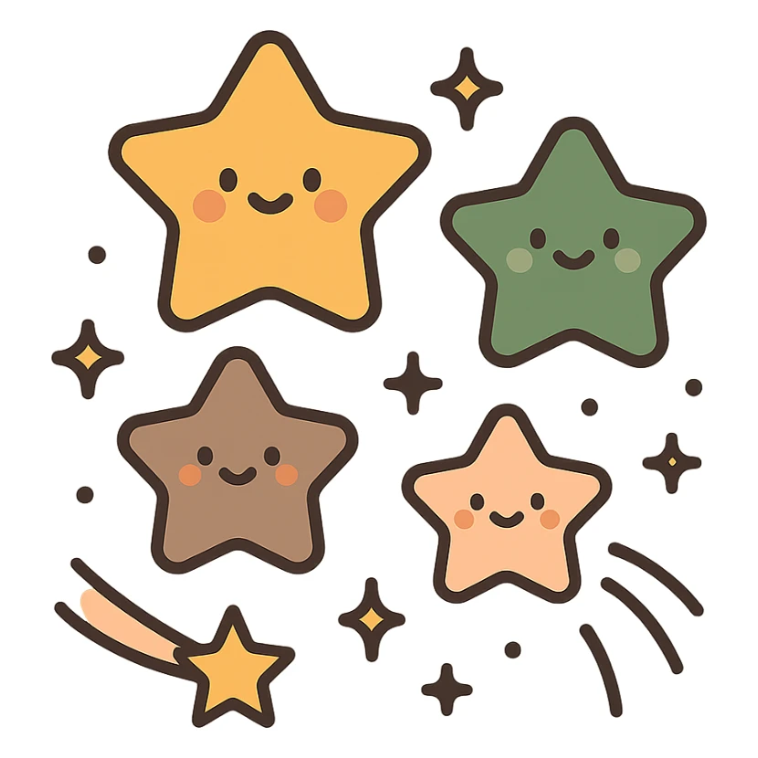 A  collection of cute, glowing stars floating gently in a soft, dreamy sky. The stars vary in size and are designed in a warm and whimsical color palette: golden orange (FA9B41), deep forest green (4A7C5C), muted taupe brown (96775A), and pastel peach (FFCC9A). Each star has a soft, rounded shape with tiny smiles or sparkles on their surfaces, giving them a friendly, magical look. Some are twinkling, while others leave gentle trails of light in peach and gold. The background is softly lit, creating a cozy, enchanted atmosphere like a bedtime story illustration. sticker