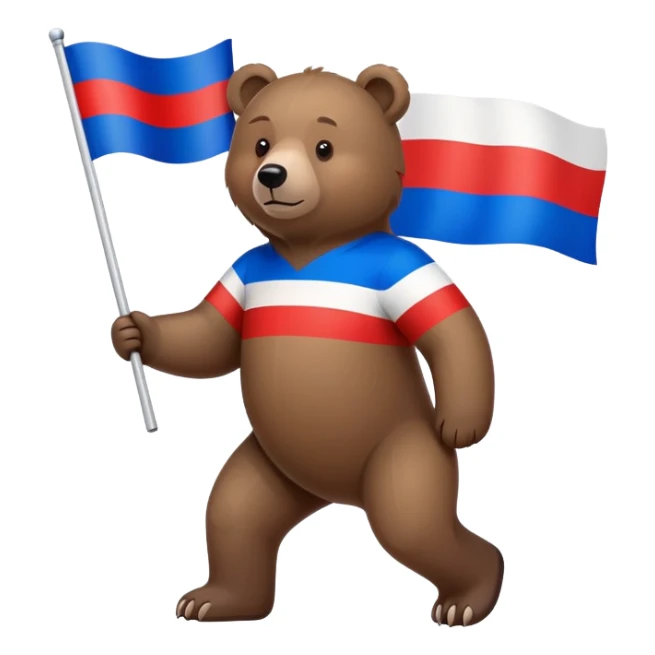 Brown bear on four legs with Russian tricolor flag (white, blue, red horizontal stripes) on its back, minimalist design sticker