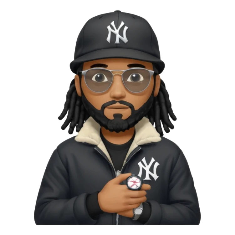 African American man with shoulder length black dreadlocks with black beard wearing black sunglasses wearing a black bubble winter coat and a New York Yankees logo baseball cap looking at watch sticker