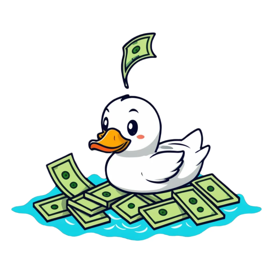 Cartoon duck doing backstroke in a sea of money sticker
