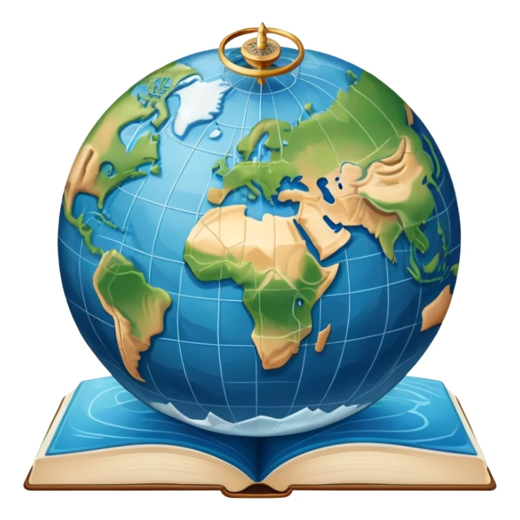 an icon featuring an earth with attitude and longitude lines, a textbook, and a topographic map, symbolizing geography as a science. The design includes a compass, mountain ranges, and rivers, representing the study of Earth's features and landscapes. Transparent background highlights geography. sticker